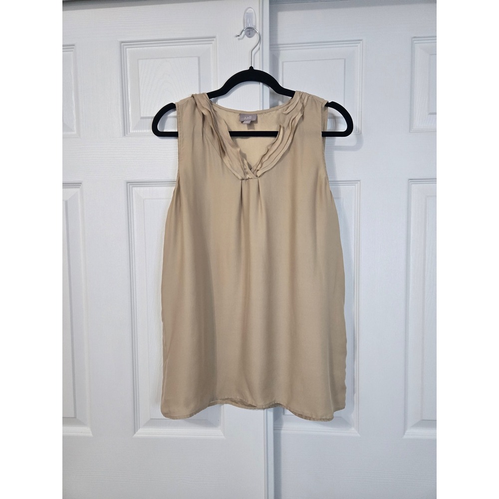 J. Jill Tan 100% Silk Sleeveless Ruffle V-Neck Blouse Top Womens Medium Beige